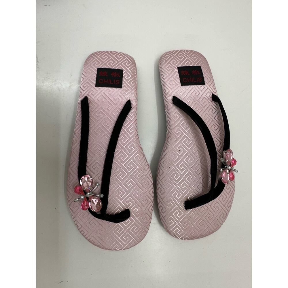 Chilis Womens Flip Flops Size 6 Pink Rhinestone Butterfly Suede Thong NEW